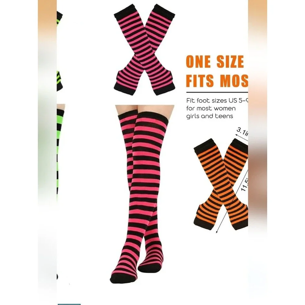 Womens Striped Knee High Socks Long Knit Arm Warmers Fingerless Gloves Set
